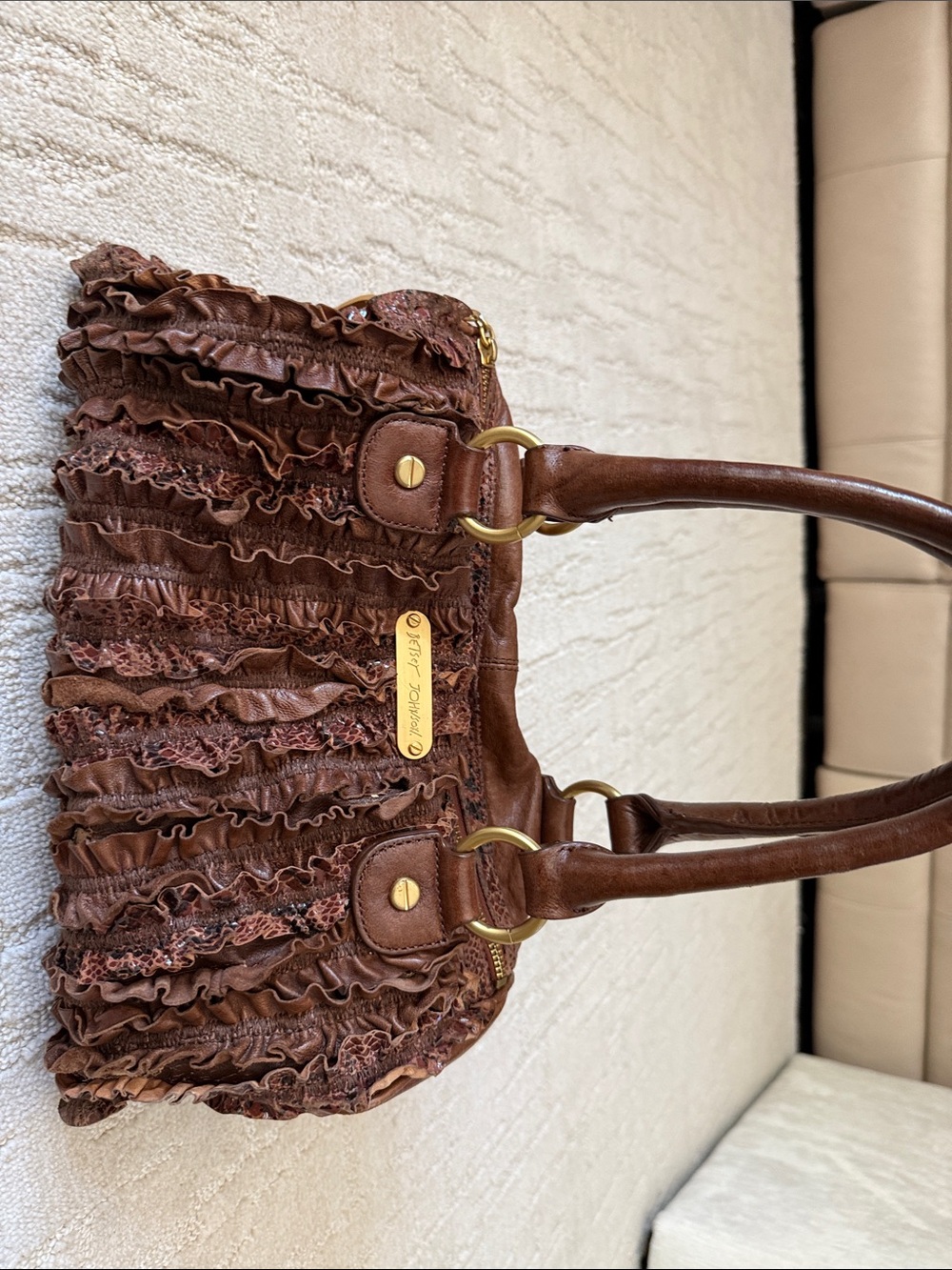 Betsey Johnson Brown Ruffle Shoulder Bag with Gold Hardware